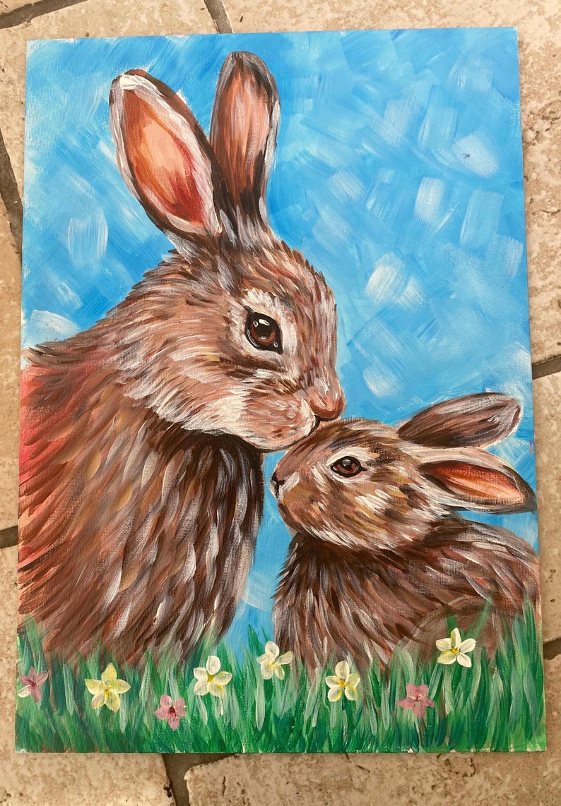 Original Rabbit Acrylic Painting, Mother and Baby Wall Art, A3 Canvas ...