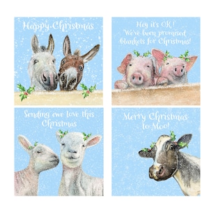 Boerderijdieren kerstkaarten, 4 pack kerstkaarten, schattige boerderijdieren kerstkaart 148 mm x 148 mm, geïllustreerde dieren kerstkaarten