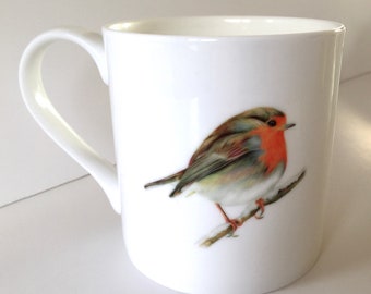 Bone China Robin Mug Gift Set, Robin Bone China Taza, Ilustración Robin, Taza Balmoral Bone China, Regalo de Navidad, Ilustración Robin