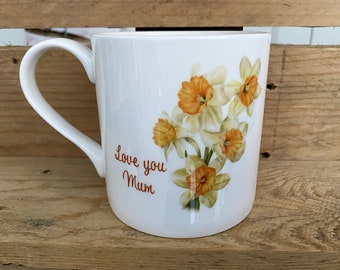 Bone China personalised daffodil mug and coaster gift set for mum, Daffodil Bone China Mug and Coaster. Daffodil mug. Mother's Day Gift Set