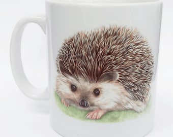 Personalised Hedgehog Ceramic Mug, Coloured Pencil Illustration, Woodland Animal Coaster
