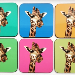 May include: Six square coasters featuring a giraffe image on each. The coasters are in different colours: turquoise, blue, yellow, green, pink, and light green.
