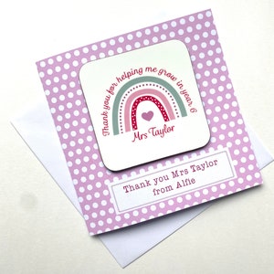 Carte de remerciement personnalisée pour professeur avec cadeau souvenir, carte arc-en-ciel personnalisée et sous-verre, carte Merci de m'avoir aidé à faire grandir