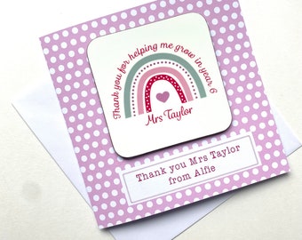 Personalised Teacher Thank You Card with Keepsake Coaster gift, Personalised Rainbow Card and coaster, Thank you for helping me grow card