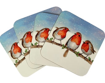 Beautiful sets of Robin Illustrated Hardboard Laminated Coasters, FREE Linen Organza Bag, Robin Christmas coasters, Red Robin Coasters
