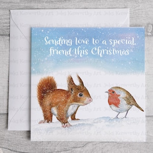 Gepersonaliseerde kerstkaart, speciale vriend kerstkaart, eekhoorn en Robin kerstkaart, 148 mm x 148 mm, single of packs beschikbaar