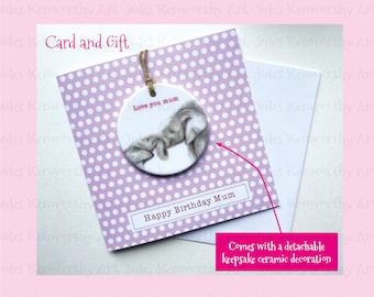 Personalised card and gift for mum, Birthday card with detachable ceramic decoration for mum, elephant ceramic decoration, card and keepsake