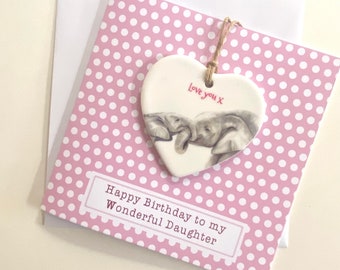 Personalised elephant card and gift for a wonderful daughter, Birthday card with detachable ceramic decoration, elephant card and keepsake