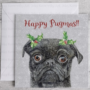 Schwarze Mops Weihnachtskarte, quadratische Mops Weihnachtskarte 148mm x 148mm, Mops Weihnachtskarte, Mops Illustrierte Weihnachtskarte, Einzeln oder Packungen kaufen
