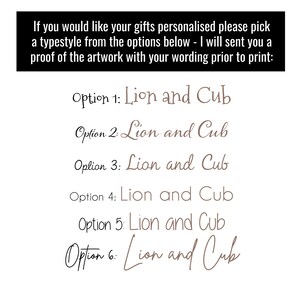 May include: Six different font options for the phrase "Lion and Cub" in brown text on a white background. The text is in a handwritten style.