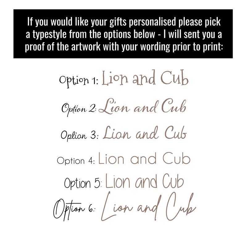 May include: Six different font options for the phrase "Lion and Cub" in brown text on a white background. The text is in a handwritten style.