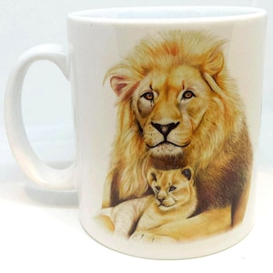 Lion Mug, Lion and Cub Illustration, Love Lions, Lion Art, Father and Son Mug, Gift for DAD, Gift for Father, 10oz Ceramic Mug image 1