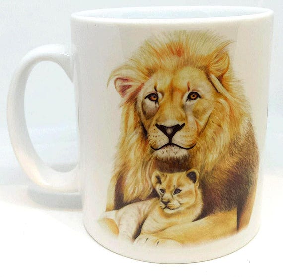Lion Mug, Lion and Cub Illustration, Love Lions, Lion Art, Father and Son Mug, Gift for DAD,  Gift for Father,  10oz Ceramic Mug
