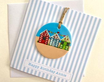 Personalised beach hut card and keepsake for a special friend, birthday card and detachable ceramic decoration,  beach themed keepsake