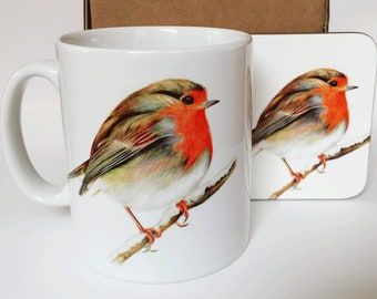 Personalised Robin Gift Set, Robin Ceramic Mug, Robin Illustration, Christmas Mug, Robin Illustration, Mug Only or Mug and Coaster Set