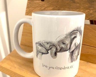 Love you Grandma personalised elephant mug and coaster gift set, Elephant Mug for Nan. Personalised elephant mug. CERAMIC or BONE CHINA Mugs