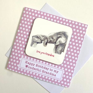 Biglietto di auguri personalizzato per il compleanno della nonna, biglietto di auguri con sottobicchiere staccabile per la nonna, biglietto a forma di elefante e sottobicchiere ricordo per la nonna