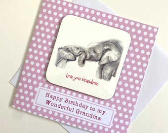 Personalised Grandma Birthday coaster card, Birthday card with detachable coaster for Nanna, elephant card and coaster keepsake for Grandma