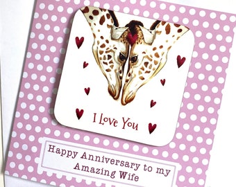 Personalised wife anniversary card and keepsake, Amazing wife giraffe card and detachable coaster gift, Giraffe card and gift for wife