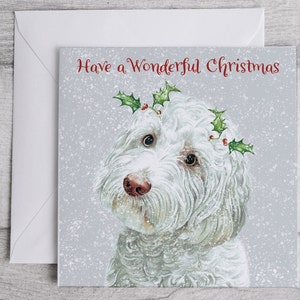 Cockapoo-kerstkaart, vierkante cockapoo-kerstkaart 148 mm x 148 mm, gepersonaliseerde kerstkaart, enkel of verpakt, cockapoo-kerstkaarten