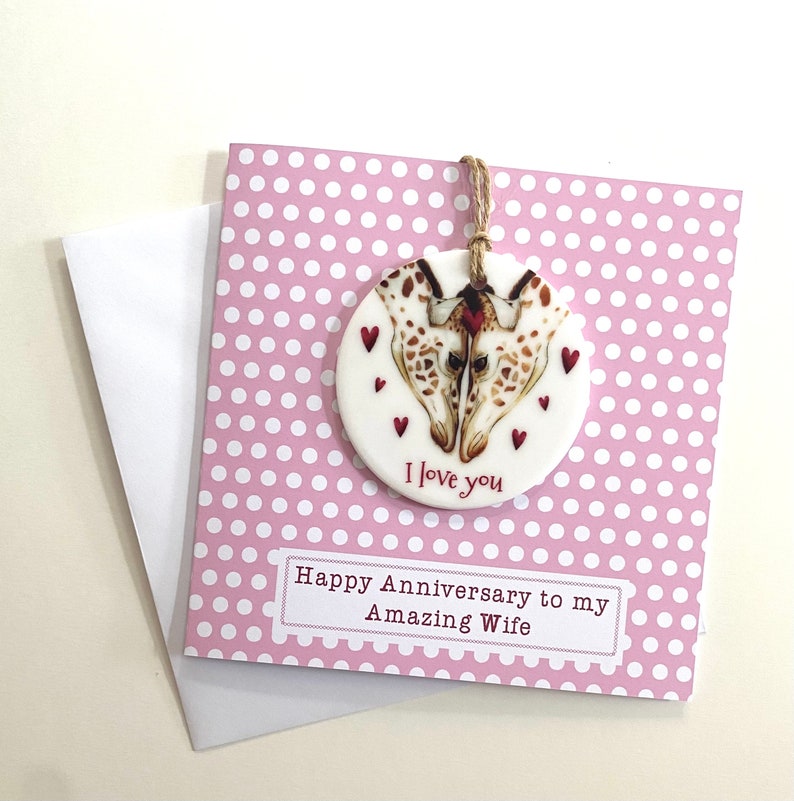 Personalised wife anniversary card and keepsake, Amazing wife giraffe card and detachable ceramic decoration gift, Giraffe card and gift image 2