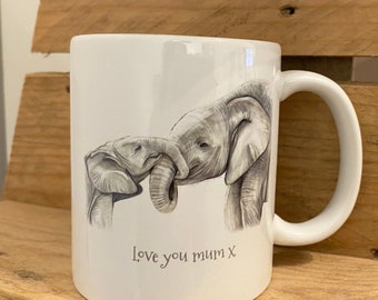 Personalised Mother-Daughter Elephant Mug - Hand-drawn with love. Celebrate the special bond with this unique, one-of-a-kind mug for Mom