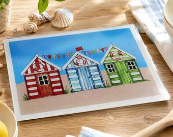 Beach Hut Glass Chopping Board | Coastal Kitchen Gift | Personalised Glass Worktop Saver