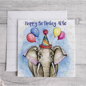 Eine lustige personalisierte Kinder-Elefant-Geburtstagskarte, Formulierung und Alter können hinzugefügt werden, Party-Elefant-Karte, Liebeselefanten-Kinderkarte