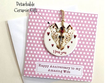 Personalised wife anniversary card and keepsake, Amazing wife giraffe card and detachable ceramic decoration gift, Giraffe card and gift