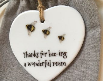 Personalised Bee Ceramic Decoration, Mother's Day Gift (Linen Gift Bag)