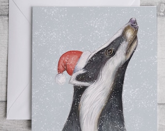 Badger Christmas Card, Square Badger Christmas Card 148mm x 148mm, Santa Badger Christmas Card, Illustrated Christmas Card, single or packs