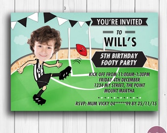 AFL Football Printable Birthday Invitation - Customised add your FACE party invitation, Footy , Aussie Rules Football.