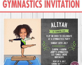 Gymnastics Party Invitation- Printable  Girls Birthday Invite - Green