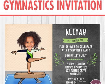 May include: A gymnastics party invitation for a girl named Aliyah turning six. The invitation features a cartoon image of a girl doing a handstand on a balance beam. The text on the invitation says "Aliyah is turning six. Flip on over to celebrate at a gymnastics party. Sunday 18th July. 2:00pm - 4:00pm. Jumpy's Gymnastics. 123 Tumble Drive. Northcote. RSVP by 6 July. Simone 04****."
