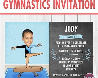 Gymnastics Party Invitation- Printable Girls Birthday Invite - BLUE