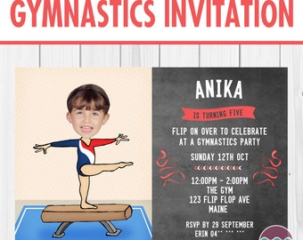 May include: A gymnastics party invitation for a girl named Anika turning five. The invitation features a cartoon image of a girl doing a handstand on a balance beam. The text on the invitation says "Flip on over to celebrate at a gymnastics party, Sunday 12th Oct, 12:00pm - 2:00pm, The Gym, 123 Flip Flop Ave, Maine, RSVP by 29 September, Erin 04**".