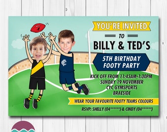 TWINS AFL Football Printable Birthday Invitation - Two Characters invitation - Football party , Aussie Rules,