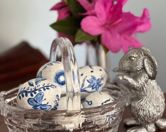 Set of Three Blue and White Painted Paper Maché Eggs