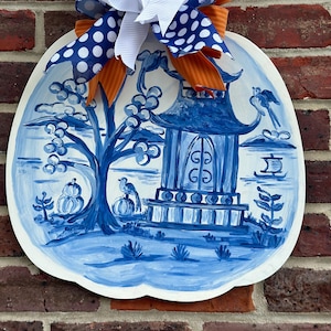 Blue and White Pumpkin Door Hanger