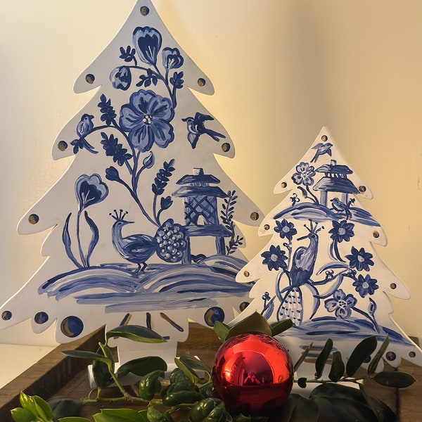 Handpainted Blue and White Wooden Tree in Two Sizes