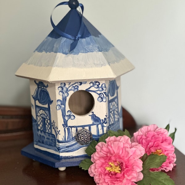 Blue and White Painted Wood Birdhouses - Singles and Sets of Three