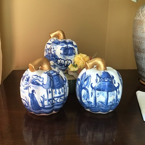 Small Blue and White Ceramic Pumpkin