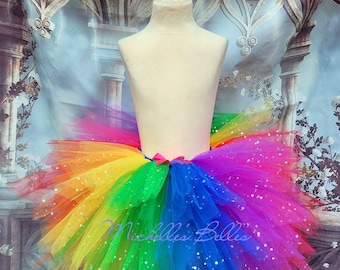 Sparkly rainbow extra full tutu skirt with added pink girls adults matching daughter