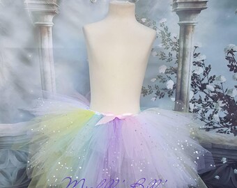 Sparkly pastel rainbow tutu skirt (yellow, blue, purple, pink, white) birthday, bridesmaid, flower girl adults matching daughter