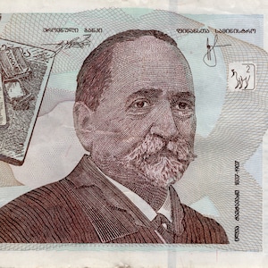 May include: A twenty lari banknote from Georgia featuring a portrait of Ilia Chavchavadze, a Georgian poet, playwright, and public figure. The banknote also features a depiction of books and a Georgian national symbol.