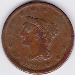 1839 copper Large US Cent (L39)