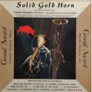 May include: A vintage album cover titled "Solid Gold Horn". The artwork depicts a surreal image of a horn, with a bull silhouette and abstract lines in gold, blue, and brown. The cover includes text about the artists and the "Grand Award" label.