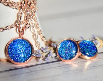 Sea Blue Rose Gold Stud Earrings and Necklace Set