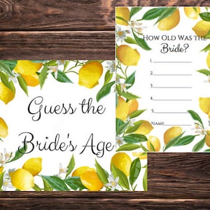 Guess the Bride&#39;s Age/How Old Was the Bride Bridal Shower Game AND Game Cards Lemon Theme Print PDF Download