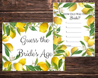 Raten Sie das Alter der Braut / Wie alt war die Braut Brautparty-Spiel UND Spielkarten Lemon Theme Print PDF Download